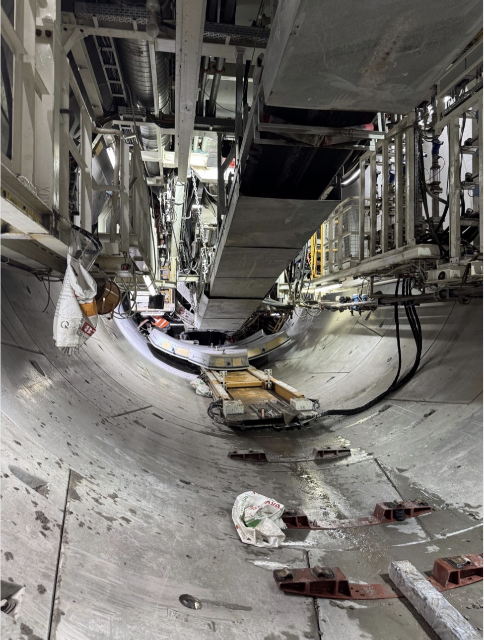 Inside a tunnel boring machine gantry walkway